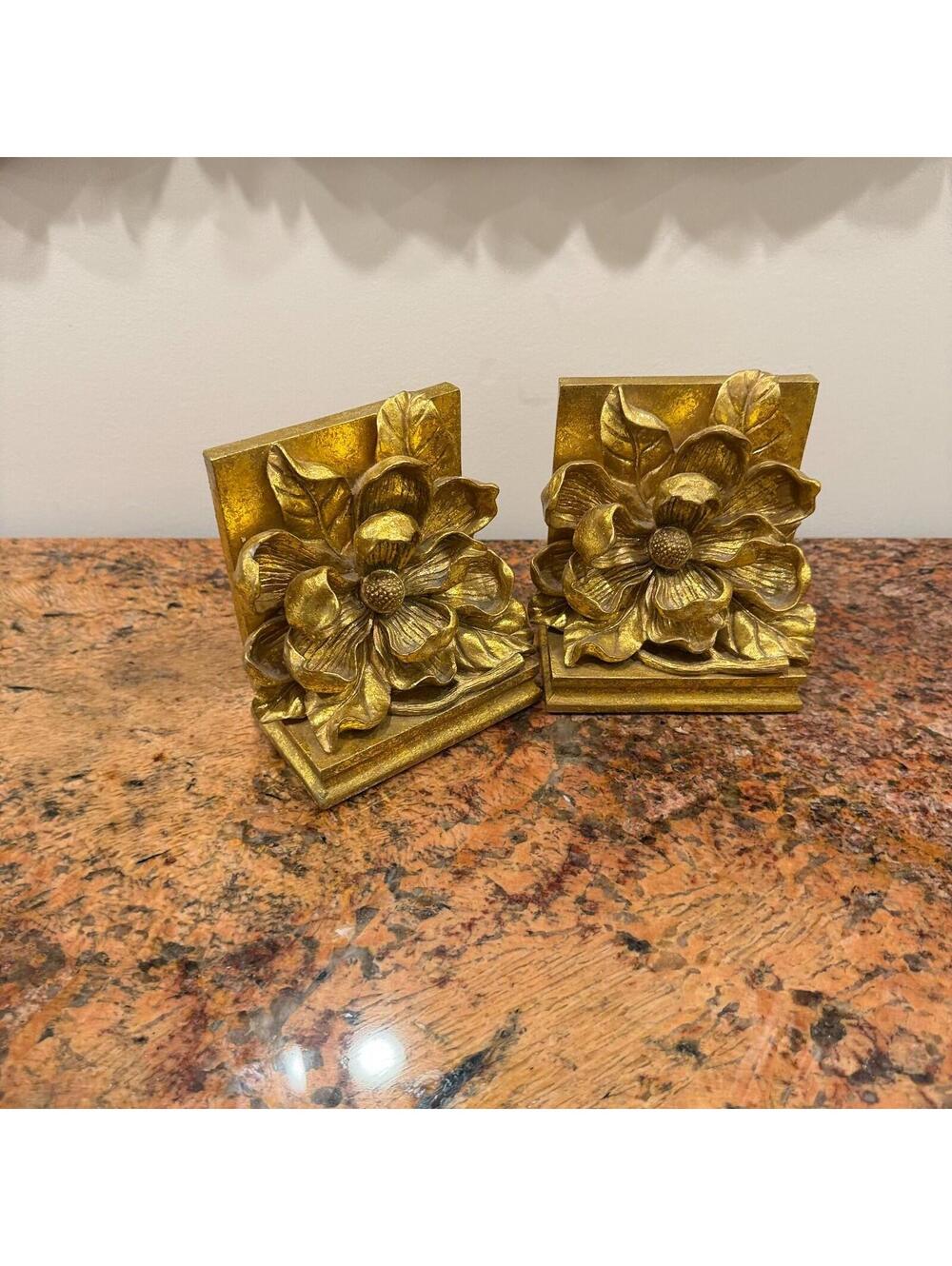 Vintage 1995 CBK Ltd. Magnolia Blossom Gold Glit Bookends